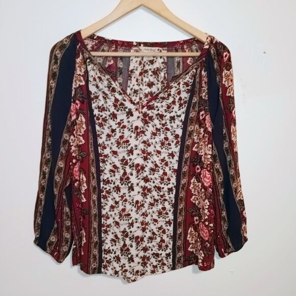 Lucky Brand Floral Scarf V-Neck Blouse-Small-Elastic Cuffs-Lightweight-Boho - Picture 2 of 9